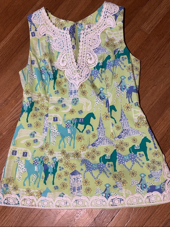 Lilly Pulitzer Tops - Lilly Pulitzer Lime & Teal Horse-Print Lace-Trim Sleeveless Top